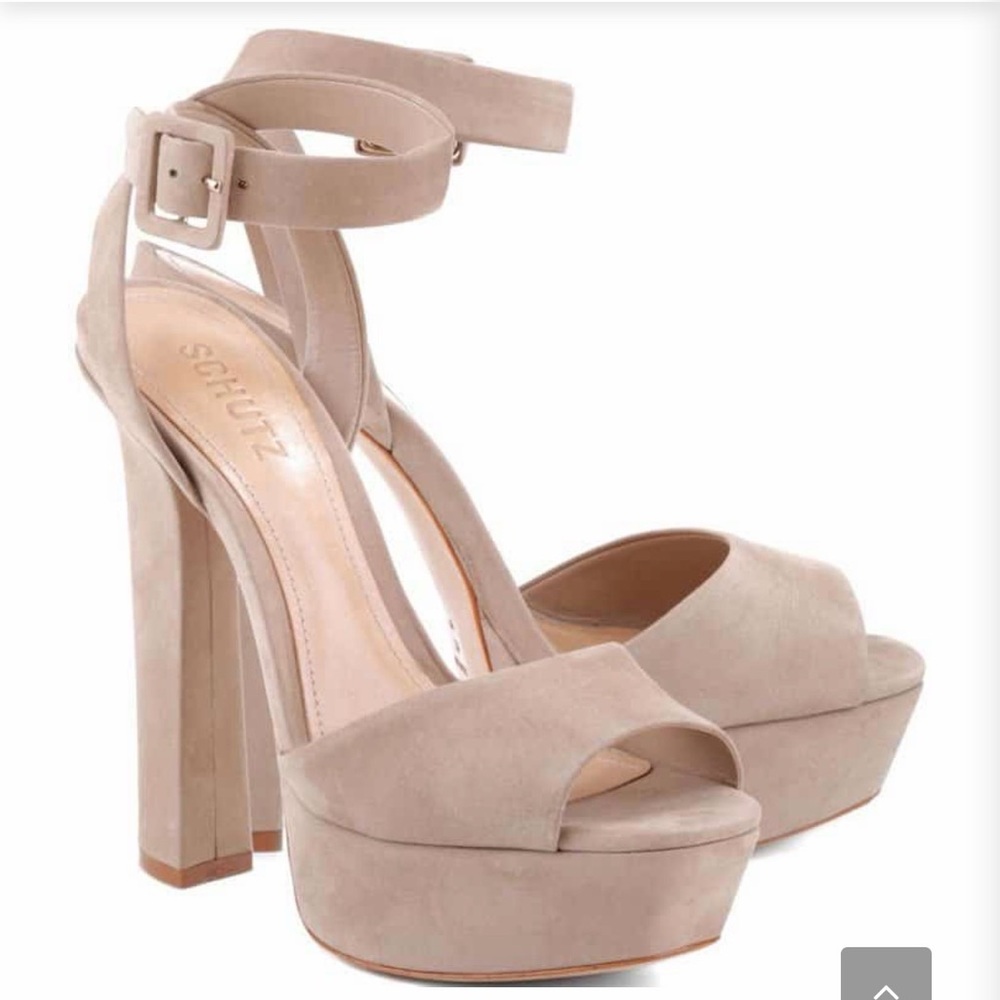 SCHUTZ Nude Suede Platform Ankle Strap Heels